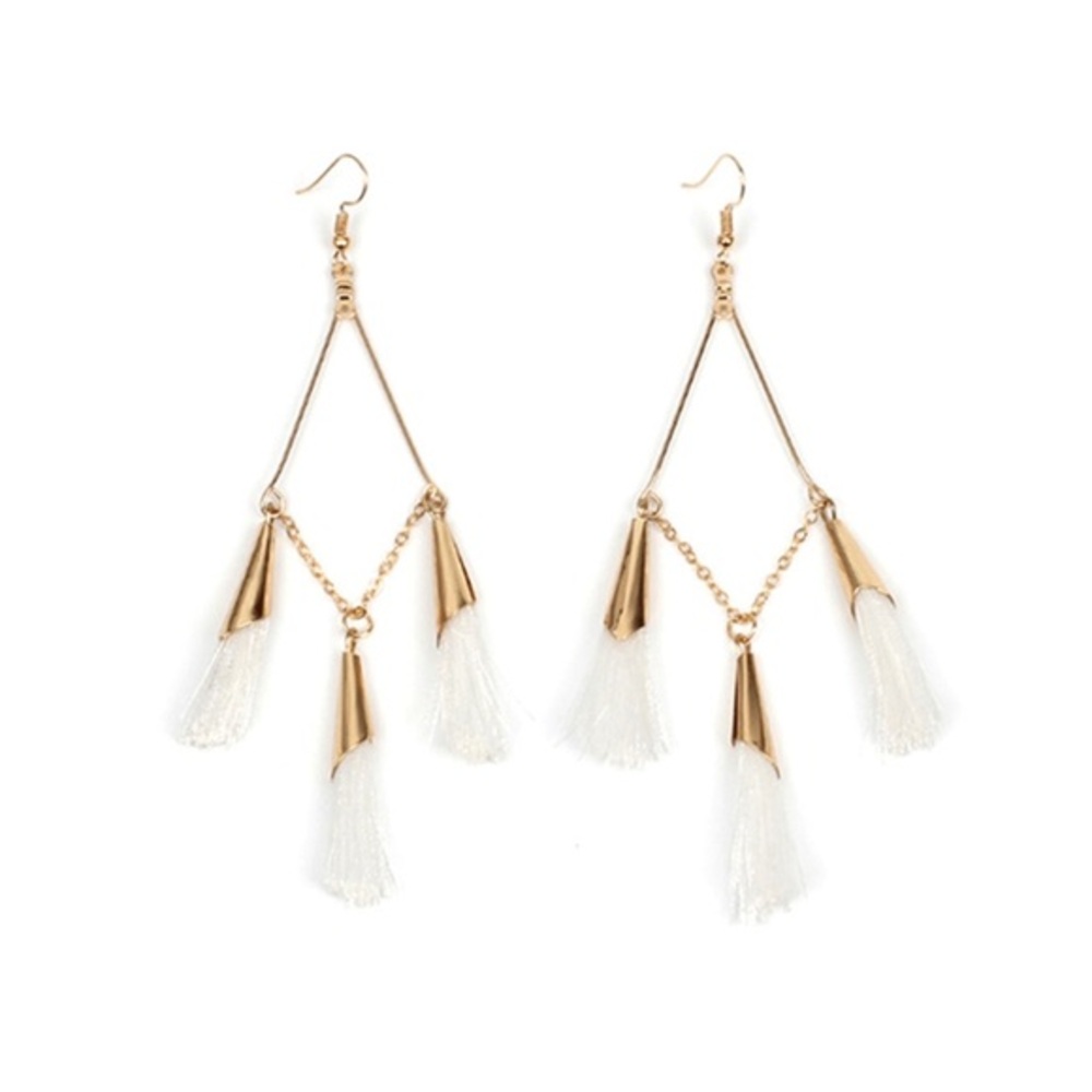 White Geometric Pendant Tassel Earrings